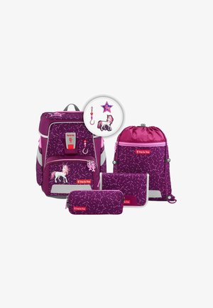 Lila Rucksack- und Zubehörset mit Einhornmotiv, Mustern und reflektierenden Akzenten. Enthält einen Beutel mit Kordelzug und ein Federmäppchen.