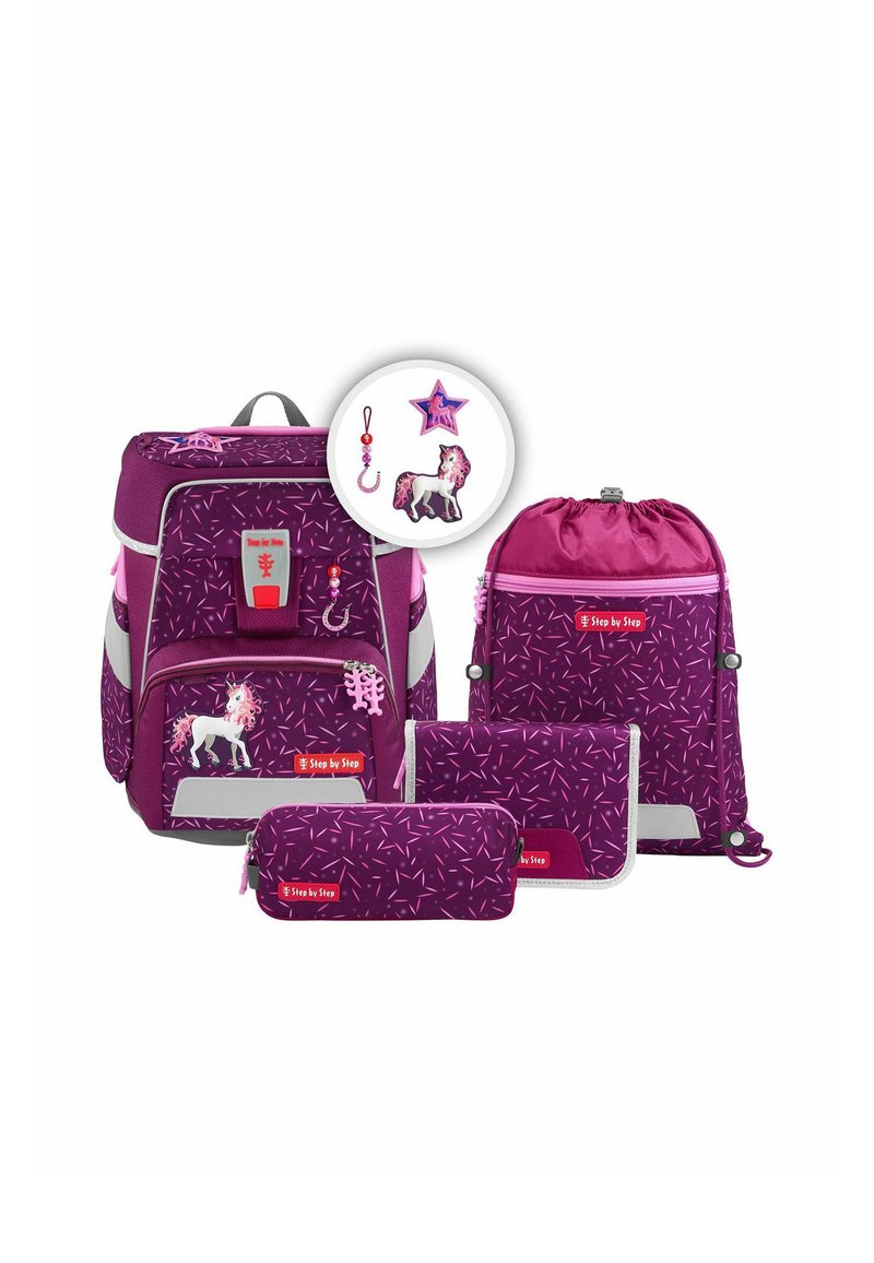 Purple backpack and accessories set featuring a unicorn design, patterns, and reflective accents. Includes a drawstring bag and pencil case.
