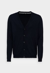 Mörkblå V-ringad cardigan för män med långa ärmar och fem svarta knappar framtill, uppvisad mot en enfärgad vit bakgrund.