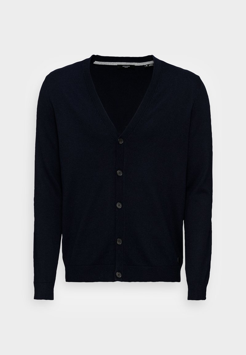Men's navy blue V-neck cardigan with long sleeves and five black buttons down the front, displayed on a plain white background.