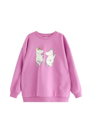Jasnofioletowa bluza z dwoma białymi hipopotamami w stylu kreskówkowym zwróconymi do siebie przodem, z podniesionymi rękami i uśmiechniętymi.