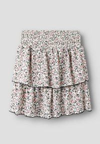 Täckkjol tillverkad av lättviktigt tyg, med ett blommigt mönster i rosa, svart och vitt, med smockad midja och kontrasterande kant.