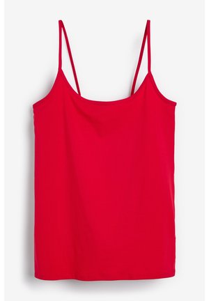 Débardeur rouge en tissu lisse, avec de fines bretelles réglables et un ourlet droit. Aucun motif ou détail supplémentaire présent.