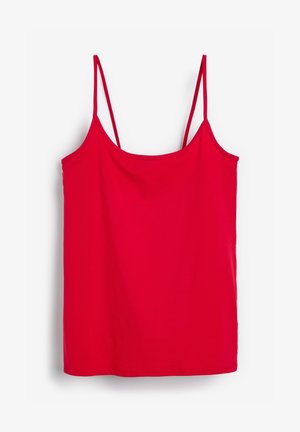 Red camisole top made of smooth fabric, featuring thin adjustable straps and a straight hem. No additional patterns or details present.