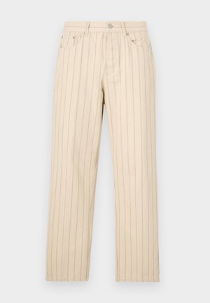 Beige straight-leg pants with vertical stripes, featuring a button closure, belt loops, and side pockets. Fabric has a smooth texture.