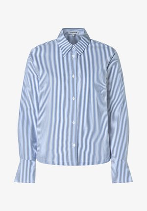 Blue and white striped long-sleeve shirt with a pointed collar, button-down front, and slightly flared cuffs. Smooth fabric texture.