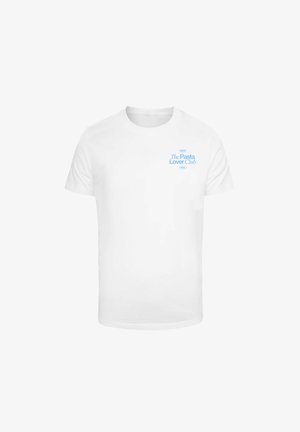 White cotton t-shirt featuring blue text “The Pasta Lover Club” on the front. Classic crew neck design with short sleeves.