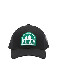 Casquette noire avec une visière incurvée. Dotée d'un patch brodé vert et blanc avec deux arbres et le mot "JOUER". Design à l'arrière en maille.