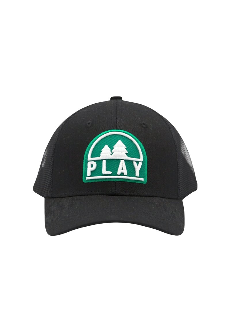 Casquette noire avec une visière incurvée. Dotée d'un patch brodé vert et blanc avec deux arbres et le mot "JOUER". Design à l'arrière en maille.