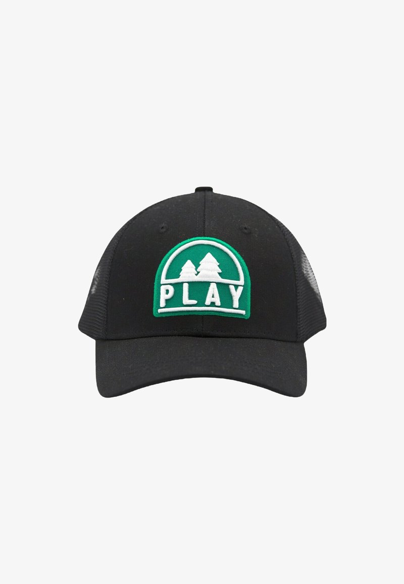 Casquette noire avec une visière incurvée. Dotée d'un patch brodé vert et blanc avec deux arbres et le mot "JOUER". Design à l'arrière en maille.