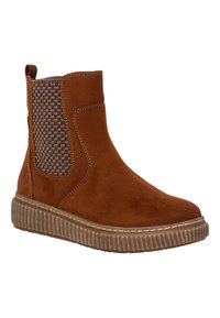 Brown suede ankle boots with woven side panels, textured rubber soles, and contrasting stitching detail. Features pull tab for easy wear.