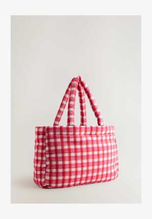 Red and white checkered fabric tote bag with two sturdy handles and a soft texture. Rounded shape with a structured top.