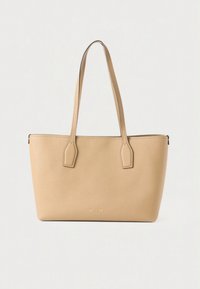 Beige leather tote bag with double flat handles, rectangular shape, subtle texture, and a logo on the front. No visible hardware details.