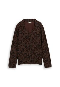 Bruin vest met zwart luipaardpatroon, voorzien van een V-hals, lange mouwen en een relaxed fit. Zachte stof met een gladde textuur.