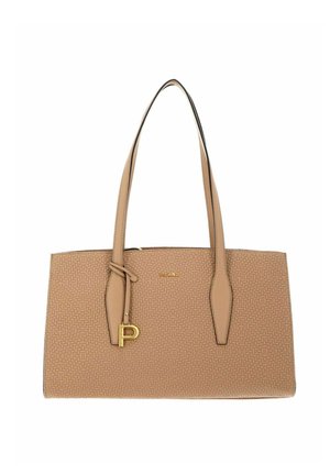 Sac à main en cuir texturé couleur camel avec double bandoulière, breloque dorée "P" et petit nom de marque doré "Picard" au centre devant.