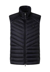 Granatowa pikowana kamizelka z wysokim kołnierzem, wzorem szewronowym oraz przednim zamkiem błyskawicznym. Posiada dwie boczne kieszenie oraz naszywkę z logo na piersi.