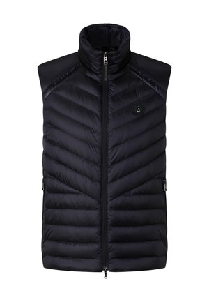 Marineblå polstret vest med høj krave, chevronsyet mønster og lynlås foran. Har to sidelommer og en logo-etiket på brystet.