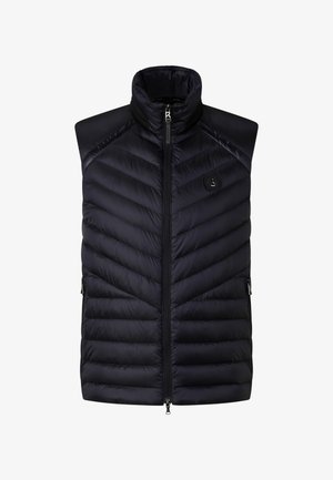 Marineblauw gewatteerd vest met een hoge kraag, chevronsteek patroon en een ritssluiting aan de voorkant. Voorzien van twee zijzakken en een logo op de borst.