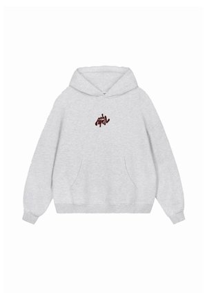 Hoodie gris clair en mélange de coton. Comprend une poche kangourou à l'avant, des poignets côtelés et un logo bordeaux centré sur la poitrine.
