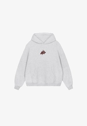 Svetlo siva kapuca iz mešane bombažne tkanine. Ima prednji kenguru žep, rebraste manžete in burgundski logo na sredini prsnega dela.