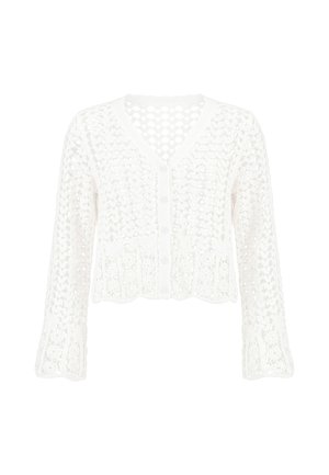 Weißer gehäkelter Strickcardigan mit langen Ärmeln, Knopfleiste vorne, V-Ausschnitt und einem gezackten Taillen- und Ärmelabschluss.