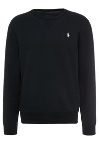 Svart sweatshirt i mjukt material, med rundad halsringning, ribbade ärmslut och en vit logga på vänster bröst. Enkelt design.