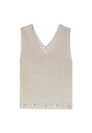 Beige sleeveless knitted vest with V-neck and decorative pearls along the bottom hem, laid flat on a white background.