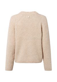 Beige chunkyc Strickpullover mit langen Ärmeln und rundem Ausschnitt, von hinten auf einem weißen Hintergrund gezeigt.