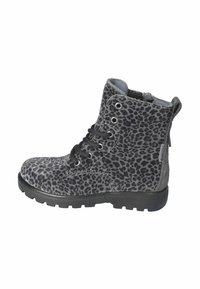 Stivale lacciato leopardato grigio e nero da bambino con suola in gomma nera e cerniera laterale su sfondo bianco.
