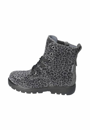 Stivale lacciato leopardato grigio e nero da bambino con suola in gomma nera e cerniera laterale su sfondo bianco.