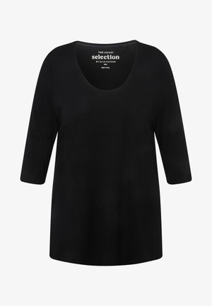 Chemise noire à manches longues avec un col rond. Fabriquée en tissu doux, offrant une coupe décontractée. Présente un design simple et épuré sans motifs.