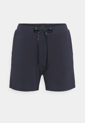 Marineblauwe katoenen shorts met een gladde textuur, voorzien van een elastische tailleband en een satijnen strik aan de voorkant.