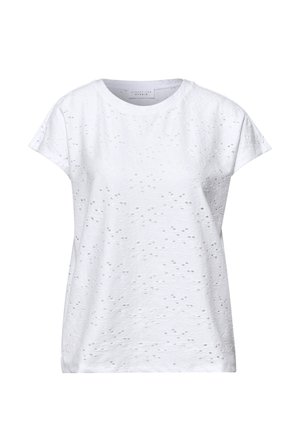 T-shirt blanc en coton à manches courtes avec de petites perforations irrégulières sur toute la surface et un col rond.