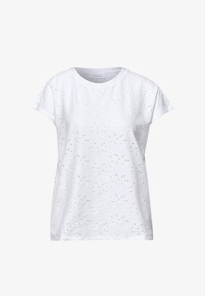 Weißes kurzärmliges Baumwoll-T-Shirt mit kleinen unregelmäßigen Perforationen überall und einem Rundhalsausschnitt.