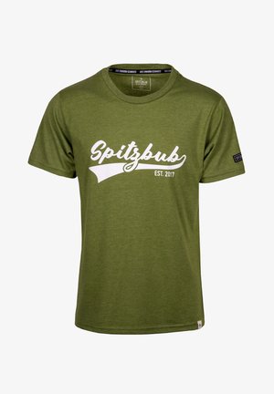 Olijfgroene katoenen t-shirt met korte mouwen en ronde hals, voorzien van een witte cursieve "Spitzbub" logo en oprichtingsdatum, met een zijtag.
