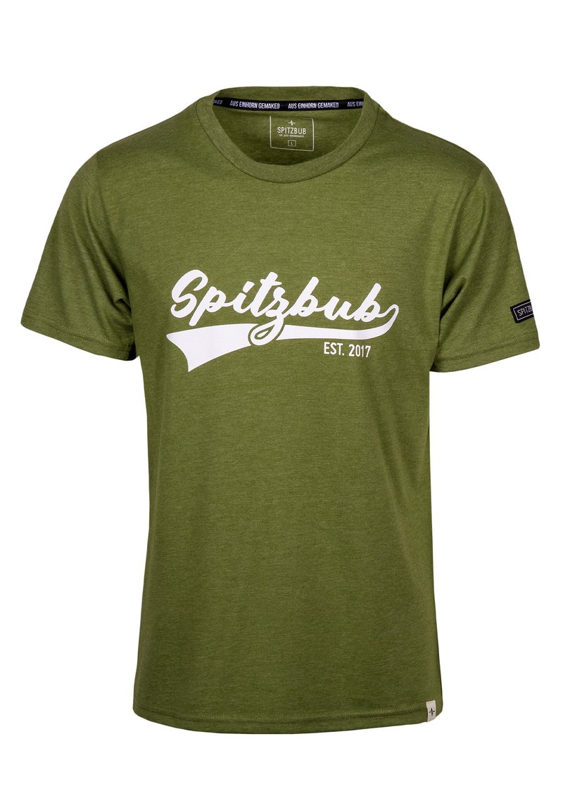 Olijfgroene katoenen t-shirt met korte mouwen en ronde hals, voorzien van een witte cursieve "Spitzbub" logo en oprichtingsdatum, met een zijtag.