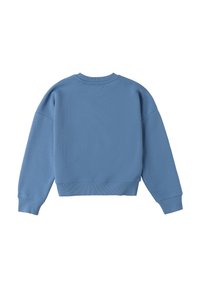 Sudadera de manga larga azul liso con puños, dobladillo y escote acanalados, mostrada desde la parte posterior sobre un fondo blanco.