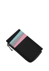 Black zippered wallet with sleek design, featuring three card slots in pink, gray, and blue at the top. Smooth texture, minimal stitching details.