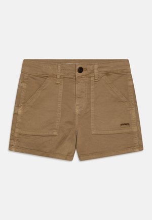 Shorts en coton beige avec fermeture à bouton, deux poches avant et une étiquette de marque discrète sur la poche droite. Design classique à coupe droite.