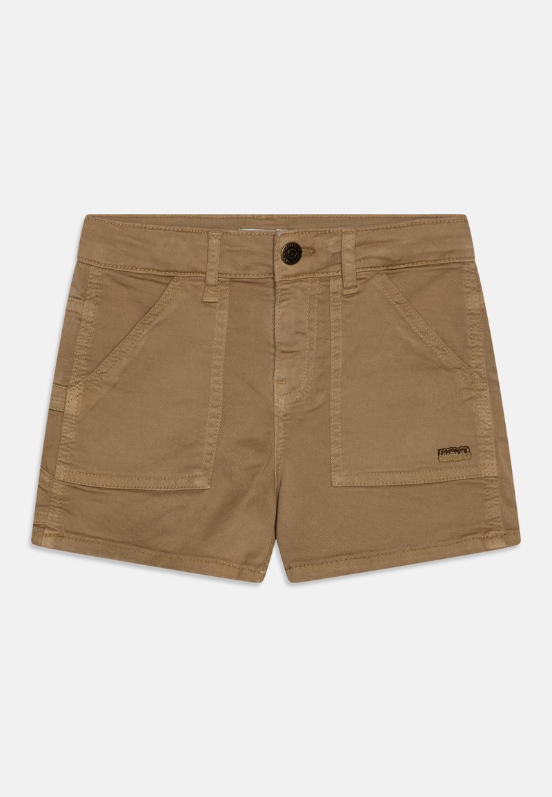 Beige bomullsshorts med knappelukking, to frontlommer og en subtil merkeetikett på høyre lomme. Klassisk rett snitt.