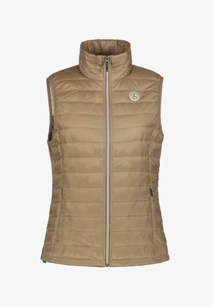 Beige lämpöeristetty liivi korkealla kauluksella, tikattu muotoilu, kaksi vetoketjullista taskua ja logoplässi vasemmassa rinnassa. Edessä vetoketju.