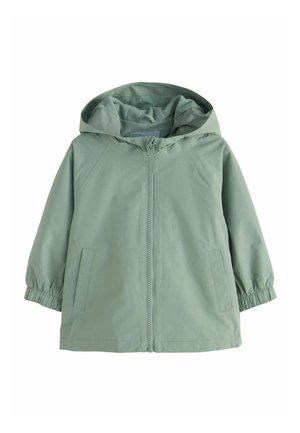 Imperméable enfant à capuche vert clair, avec fermeture éclair à l'avant, deux poches latérales et poignets élastiques aux manches.