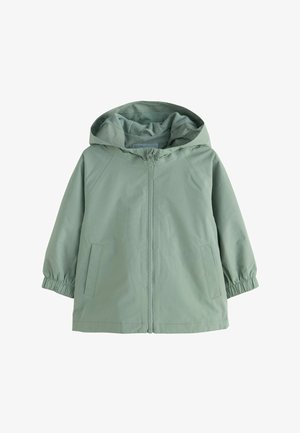 Imperméable enfant à capuche vert clair, avec fermeture éclair à l'avant, deux poches latérales et poignets élastiques aux manches.