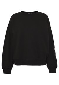 Sweat-shirt noir en tissu doux, avec un col rond et des manches longues. La manche droite est imprimée de "EST 2009" en blanc.