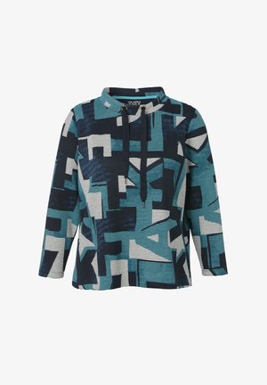 Langärmliger Pullover mit geometrischen Mustern in Blaugrün, Marineblau und Weiß sowie einem hohen Kragen mit schwarzen Kordeln.