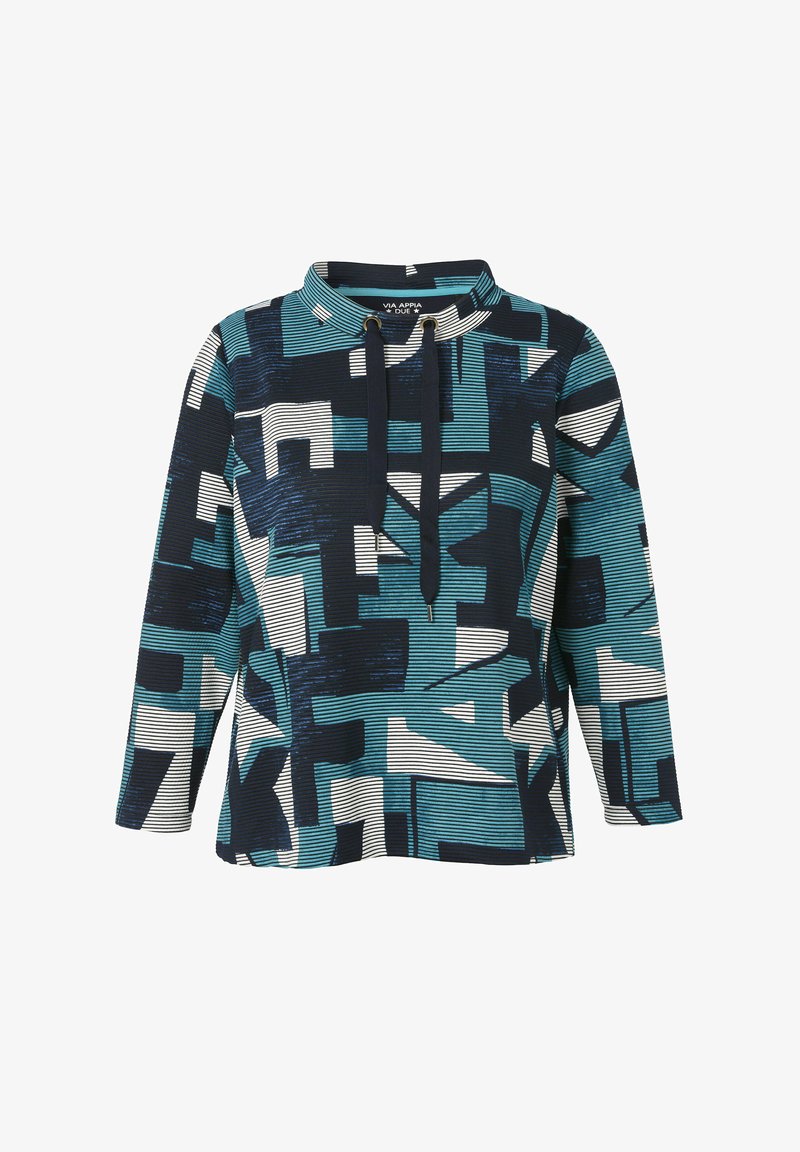 Langarmtrui met teal, marineblauw en witte geometrische patronen en een hoge kraag met zwarte trekkoorden.
