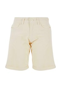 Shorts en coton beige avec un ourlet replié, deux poches avant, une fermeture à bouton et des passants de ceinture, présentant un design à jambe droite.