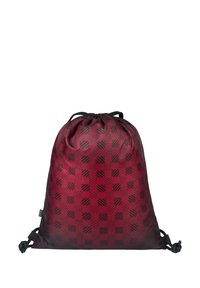 Červený stahovací sáček s geometrickým černým vzorem, vyrobený z lesklé tkaniny, se černými šňůrkami na vrchu pro uzavření a hladkým povrchem.