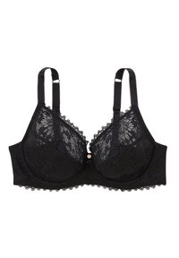 Soutien-gorge en dentelle noire avec motifs floraux, soutien-gorge à armatures, bretelles réglables et bords festonnés avec un petit accent décoratif au centre.