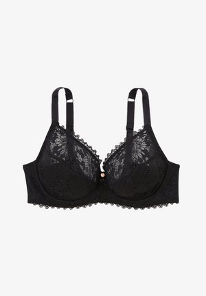 Soutien-gorge en dentelle noire avec motifs floraux, soutien-gorge à armatures, bretelles réglables et bords festonnés avec un petit accent décoratif au centre.